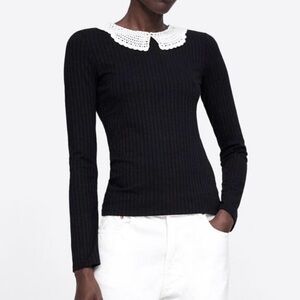 Zara Black Ribbed Knit Top with Crocheted Peter Pan Collar